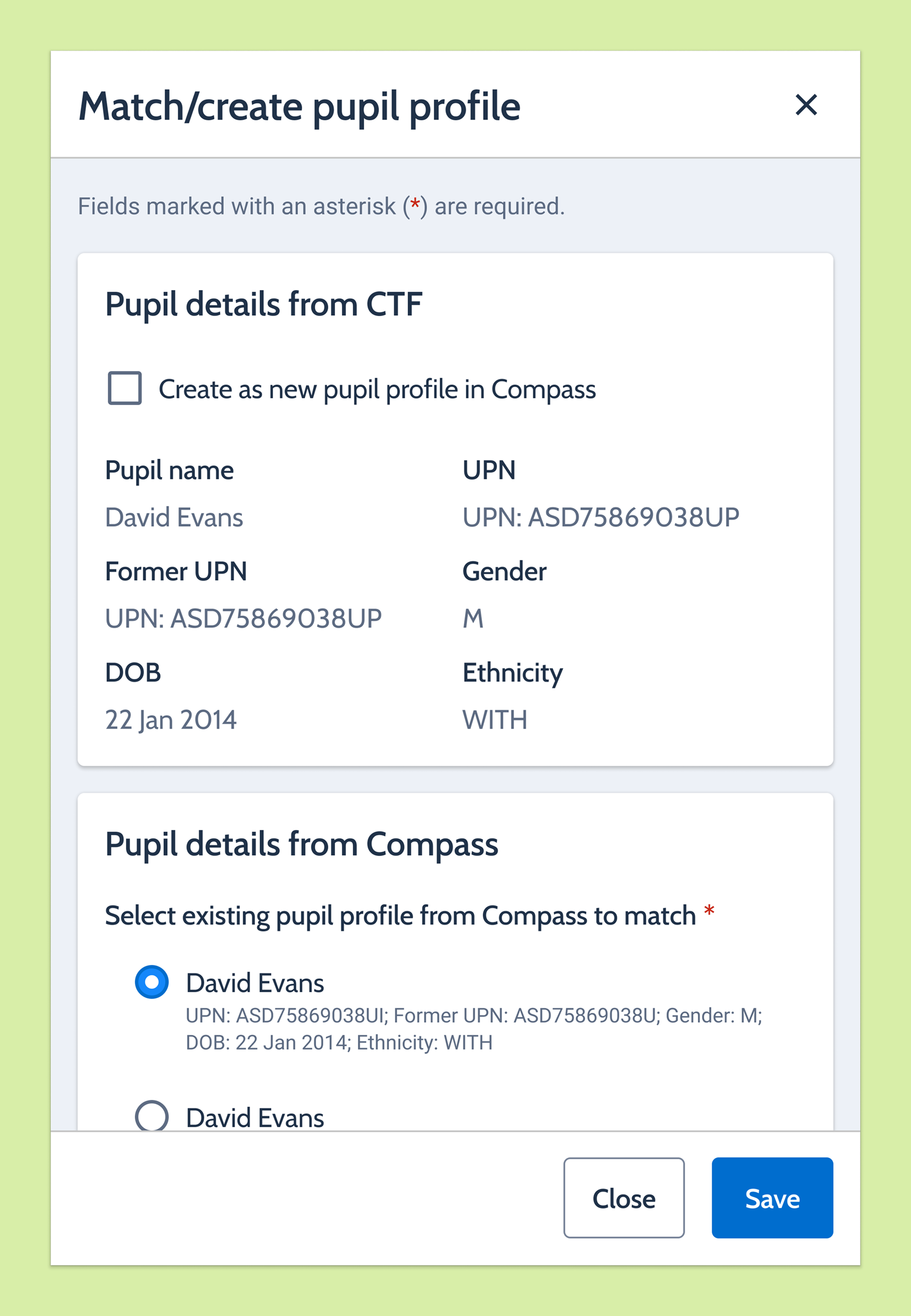 Match/create pupil profile side panel showing CTF pupil details alongside platform profile options to match or create a new record.