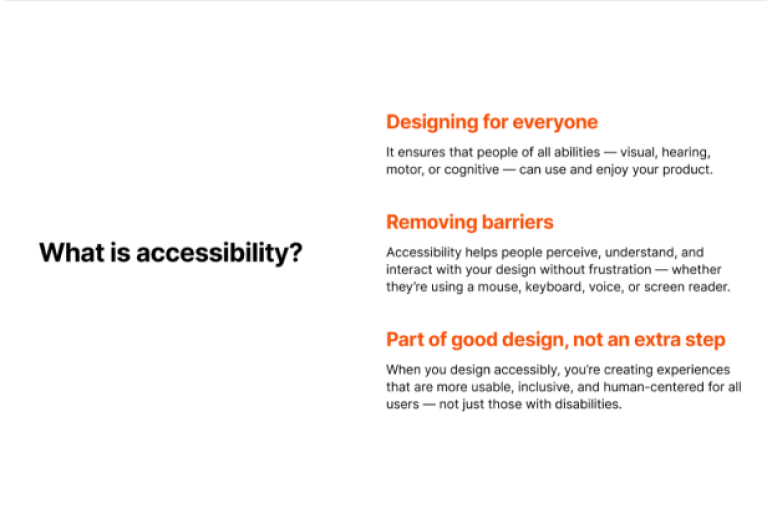 Presentation slide titled What is accessibility, covering designing for everyone, removing barriers, and accessibility as part of good design.