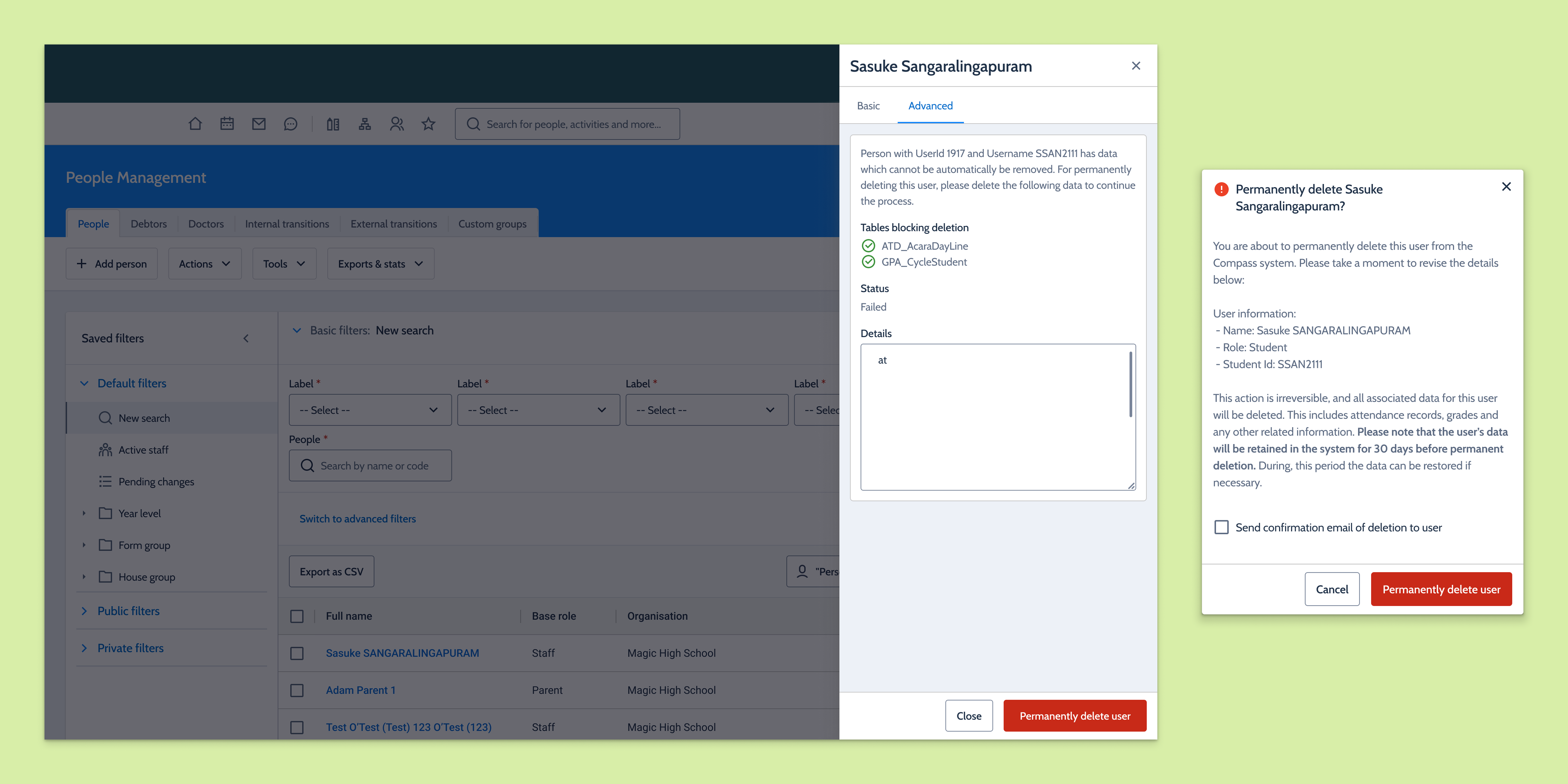 Guided permanent deletion side panel showing prerequisite items to remove before GDPR user deletion.