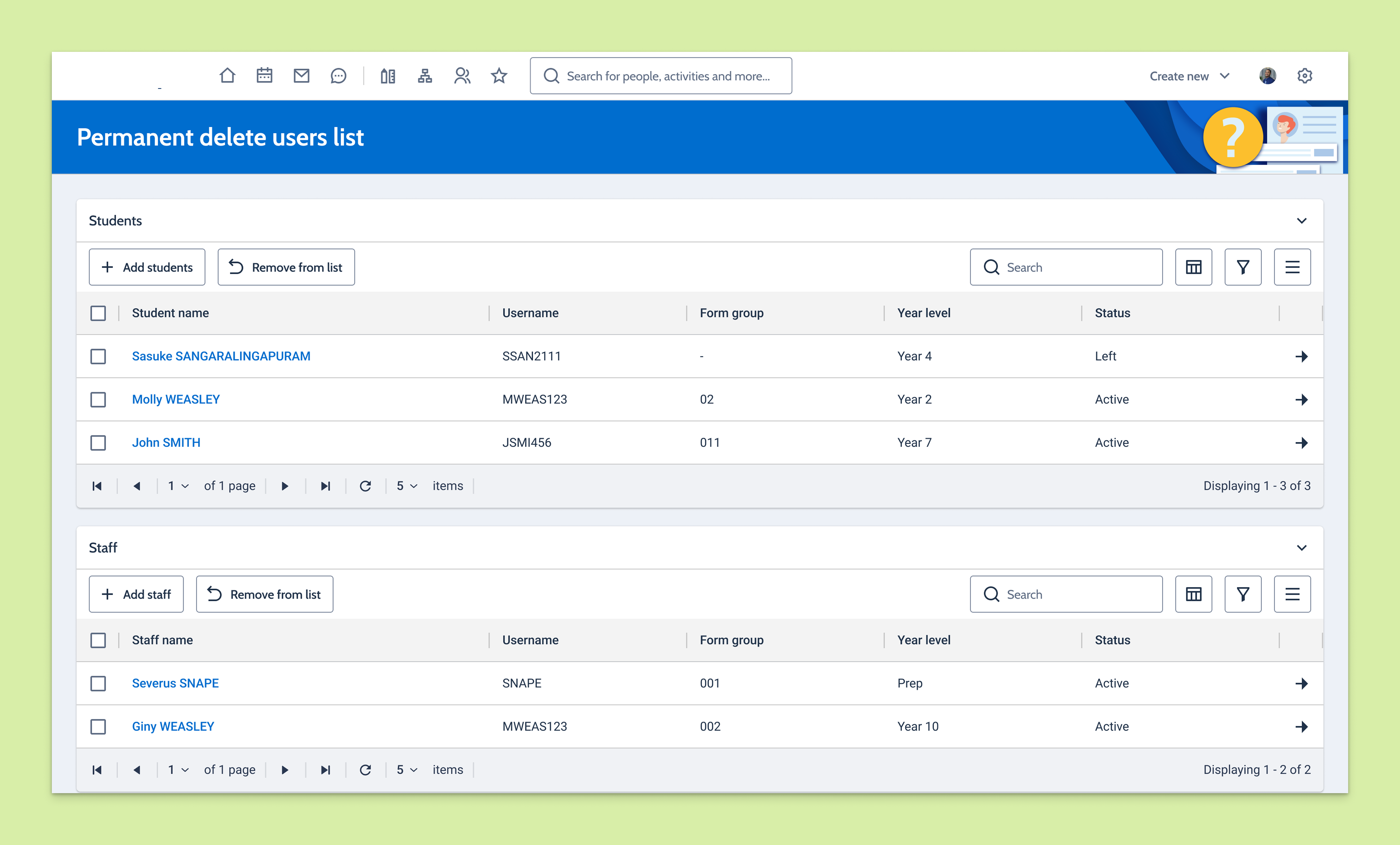 Permanent delete users list page with separate Students and Staff sections for managing deletion requests over time.