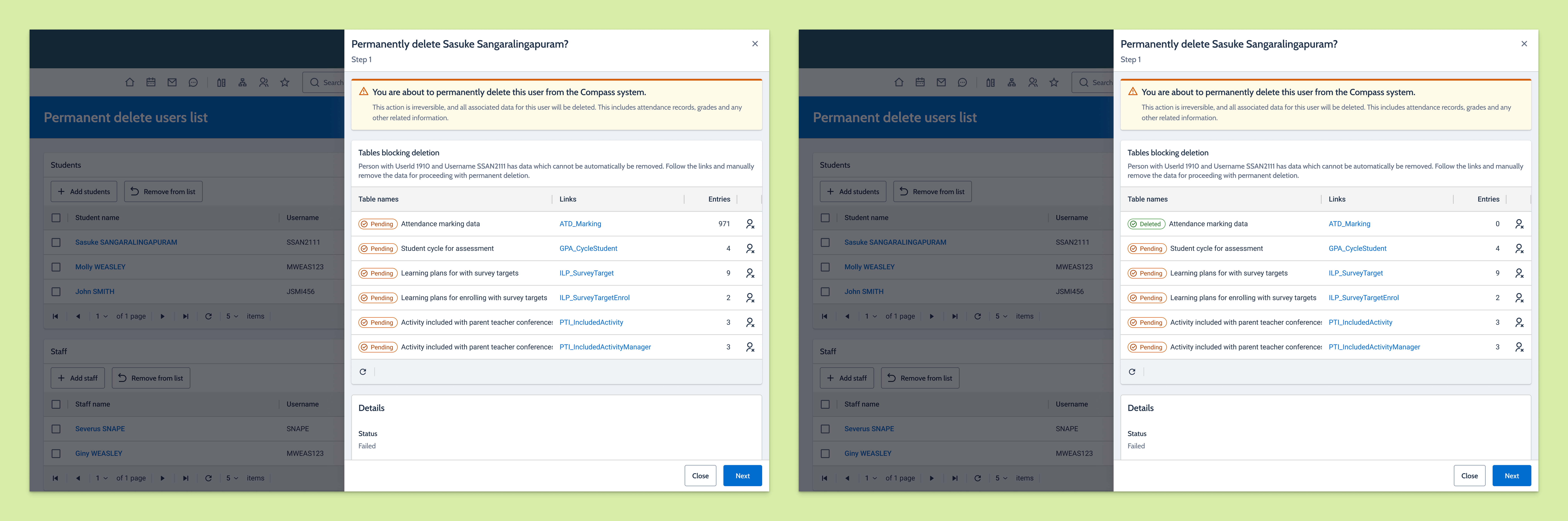 Advanced deletion view listing tables blocking deletion, manual removal requirements, and a final permanently delete user confirmation dialog.