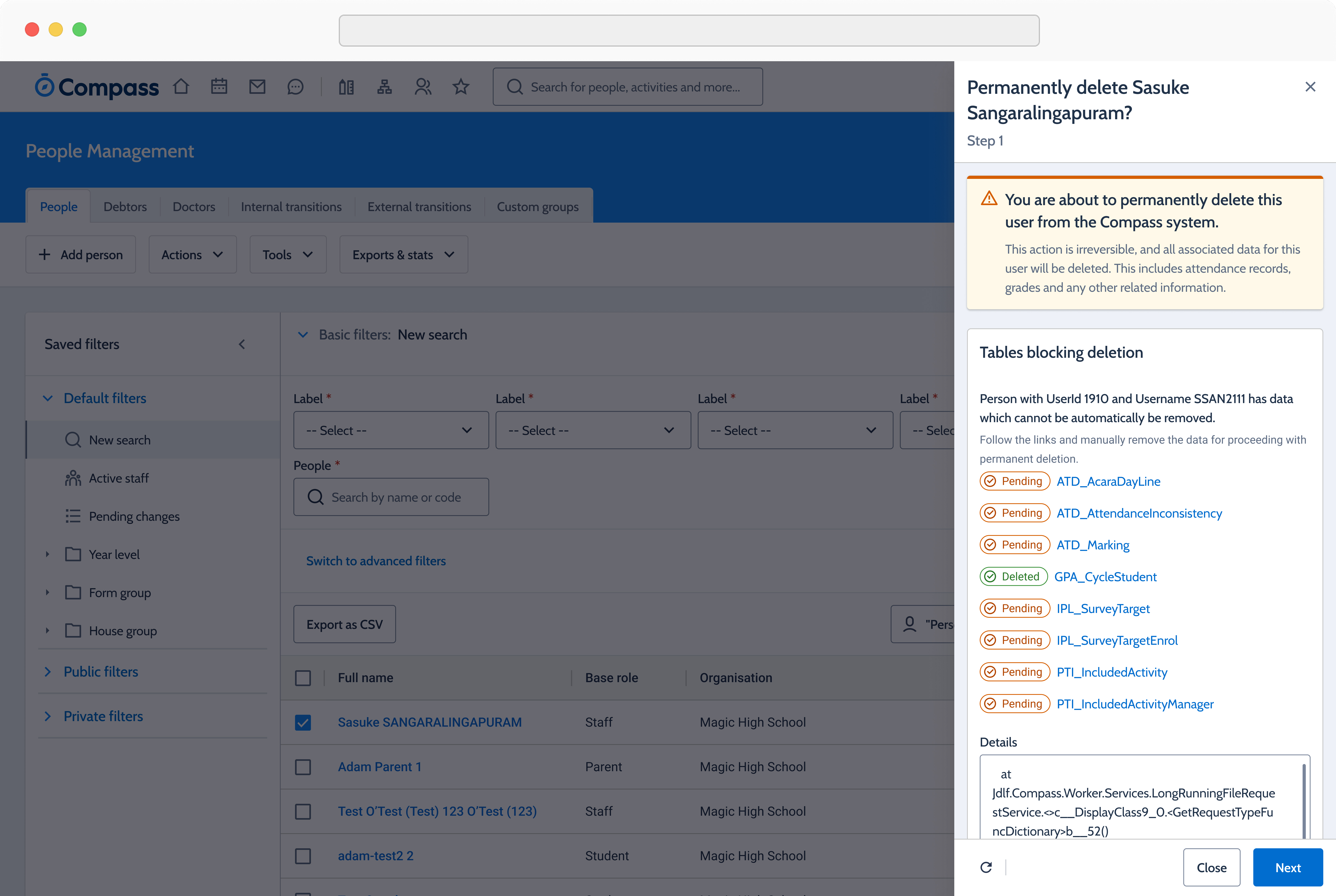Step-based guided deletion showing data that will be lost.