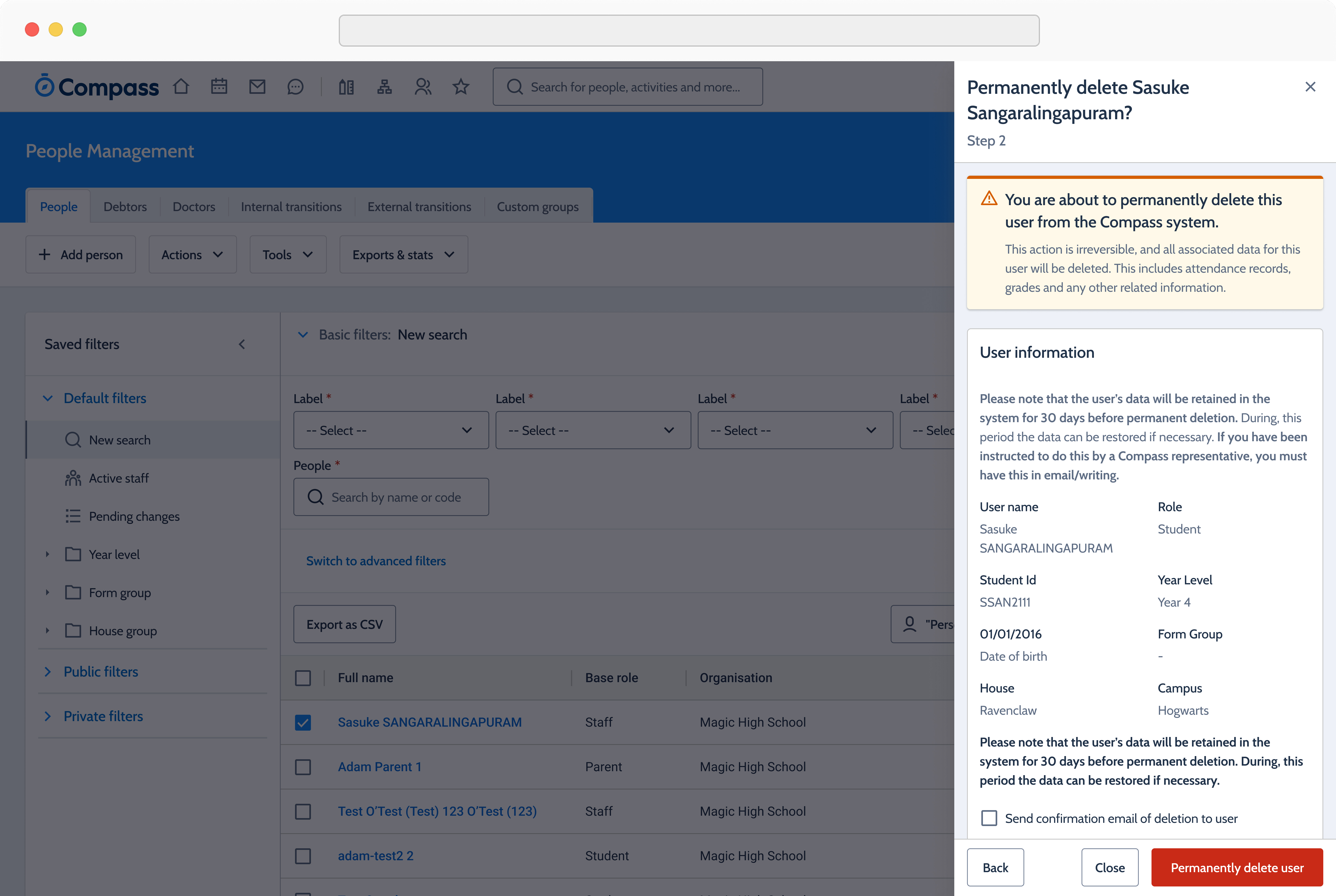 Step-based guided deletion showing user information confirmation.