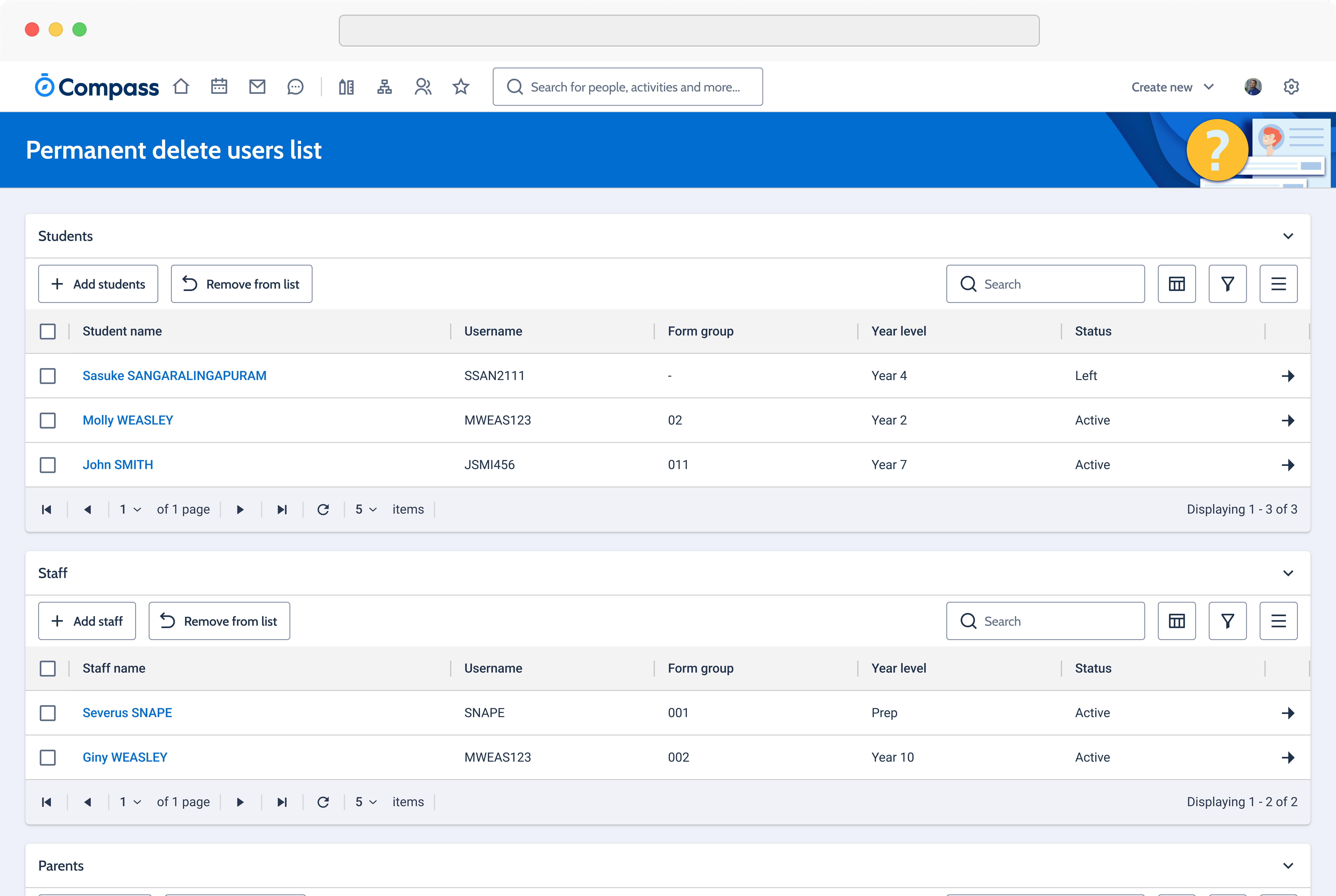 Permanent delete users list with separate Students and Staff sections.