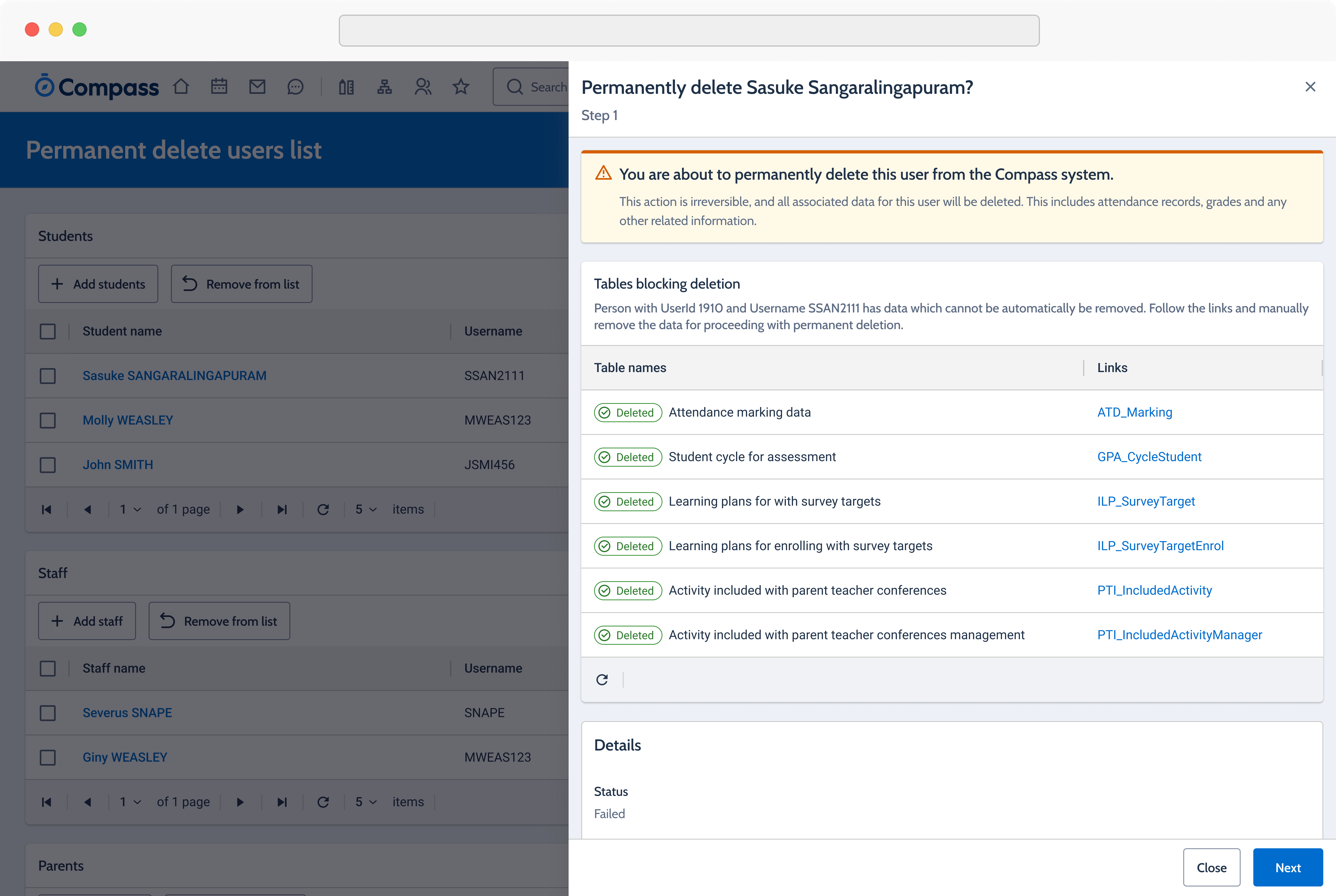 Data grid review confirming user information before permanent deletion.
