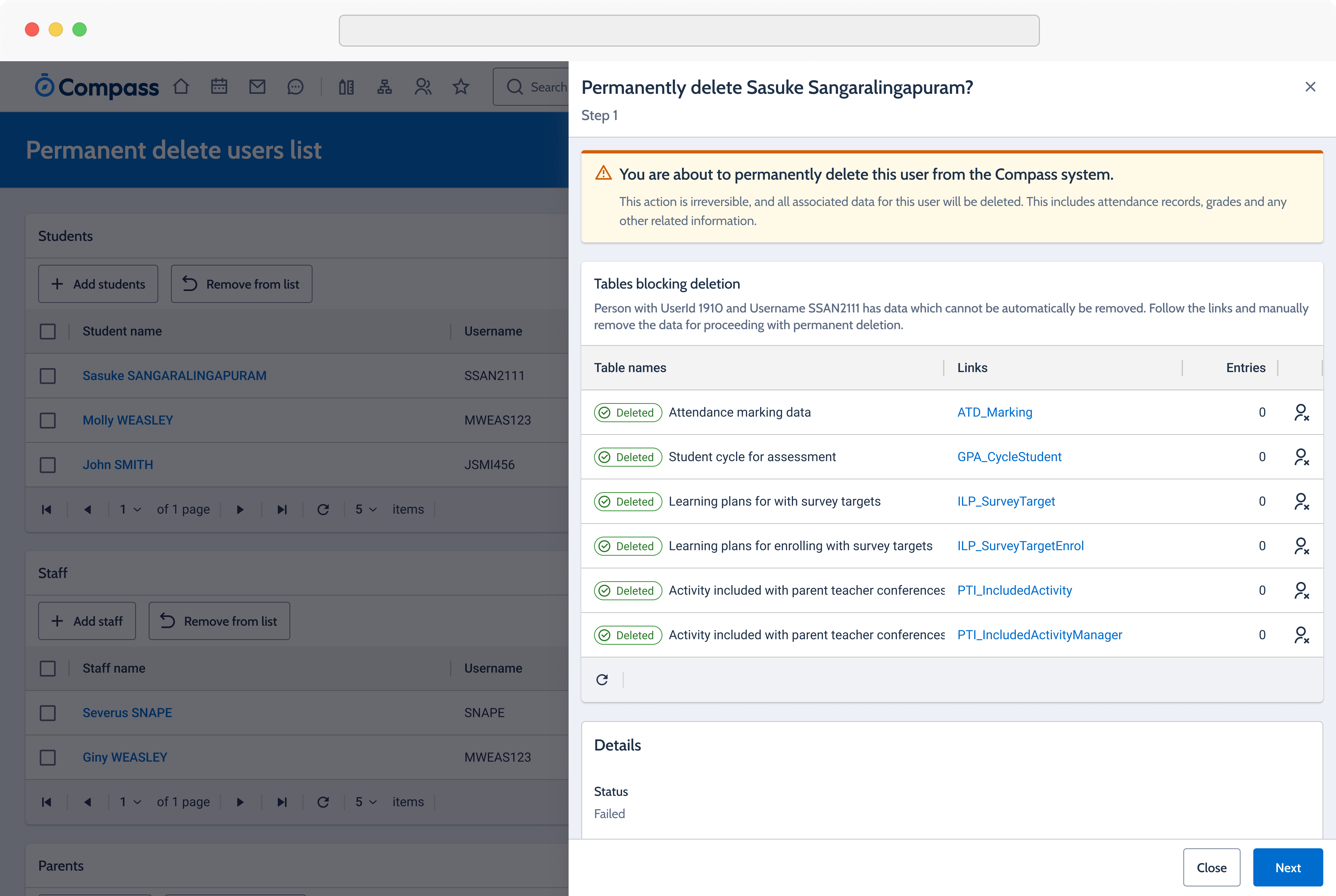Advanced deletion view listing tables blocking deletion, all marked deleted, with anonymise actions.