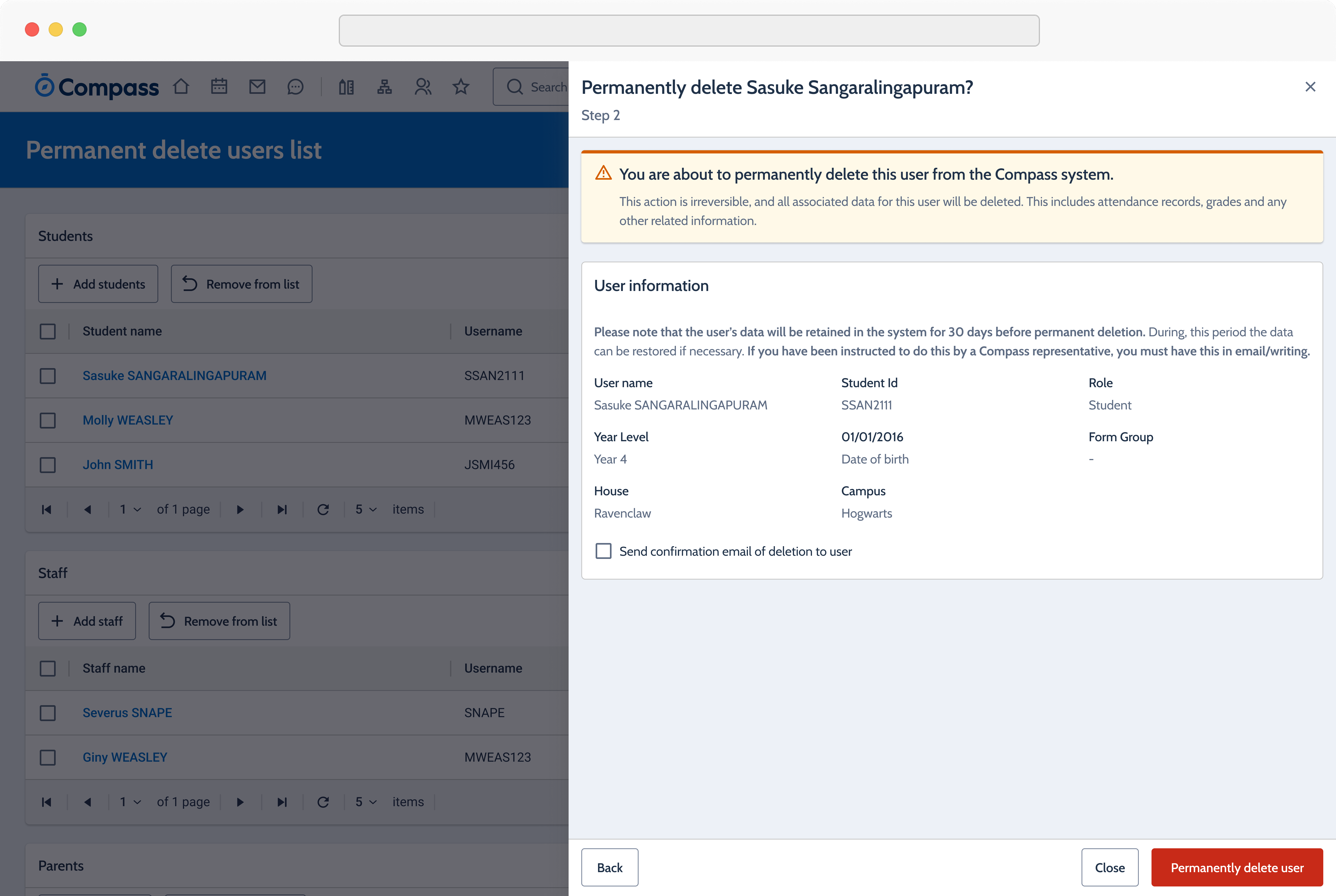 Final permanently delete user confirmation in the anonymisation-ready workflow.