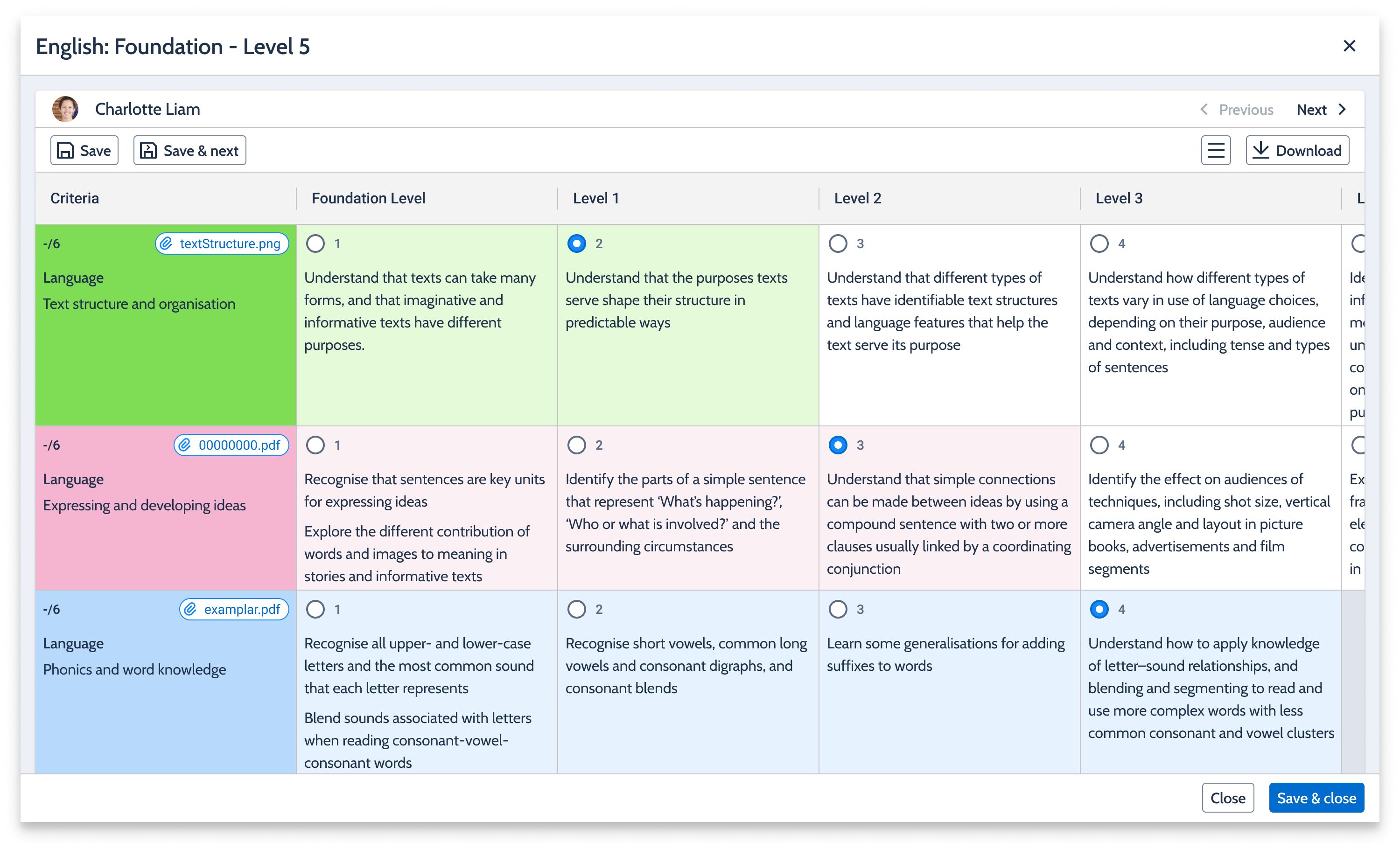 Grading screen with criteria as rows and foundation through level columns for English Foundation Level 5.
