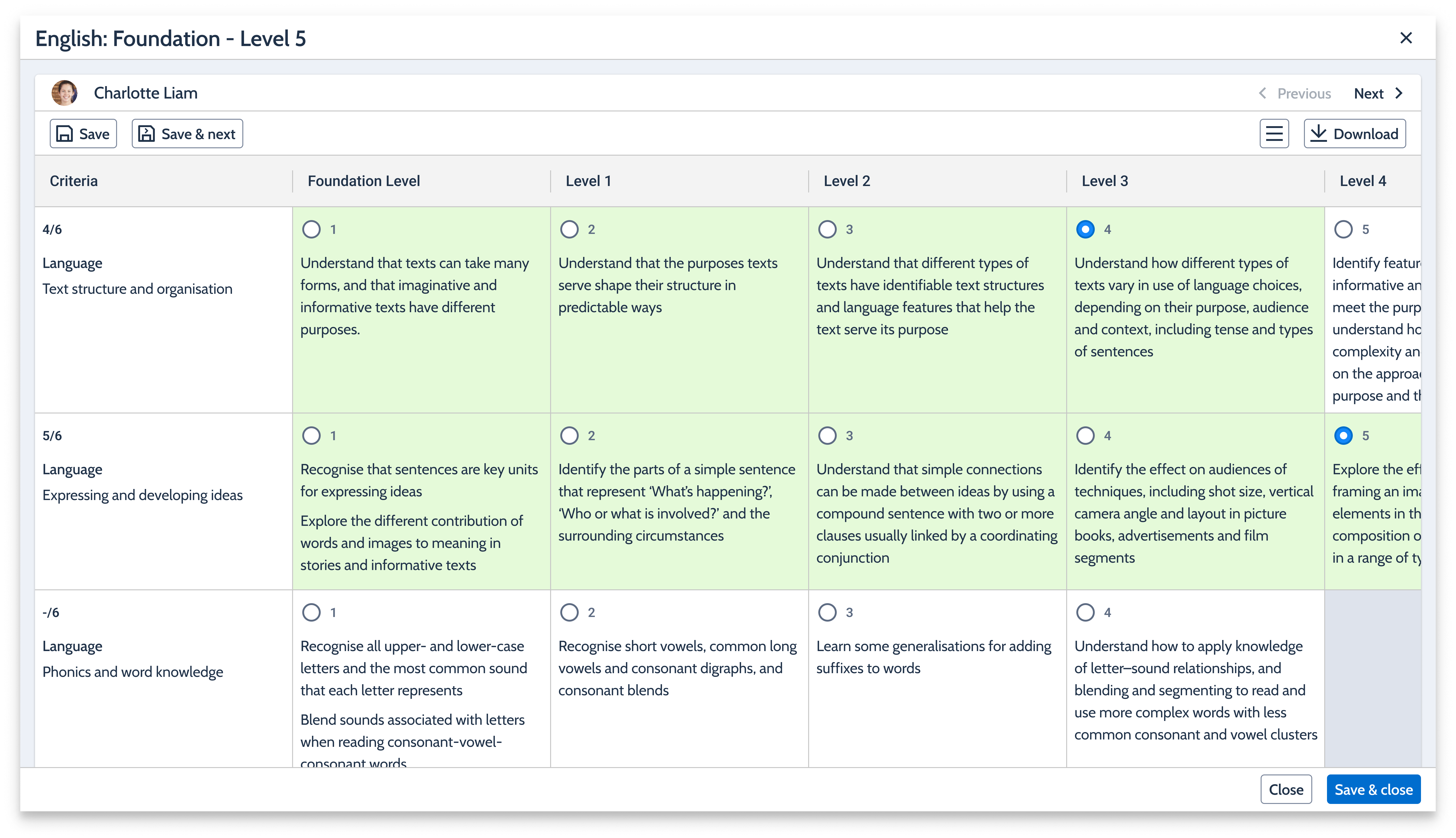 Grading screen with numeric level values and cumulative level highlighting.