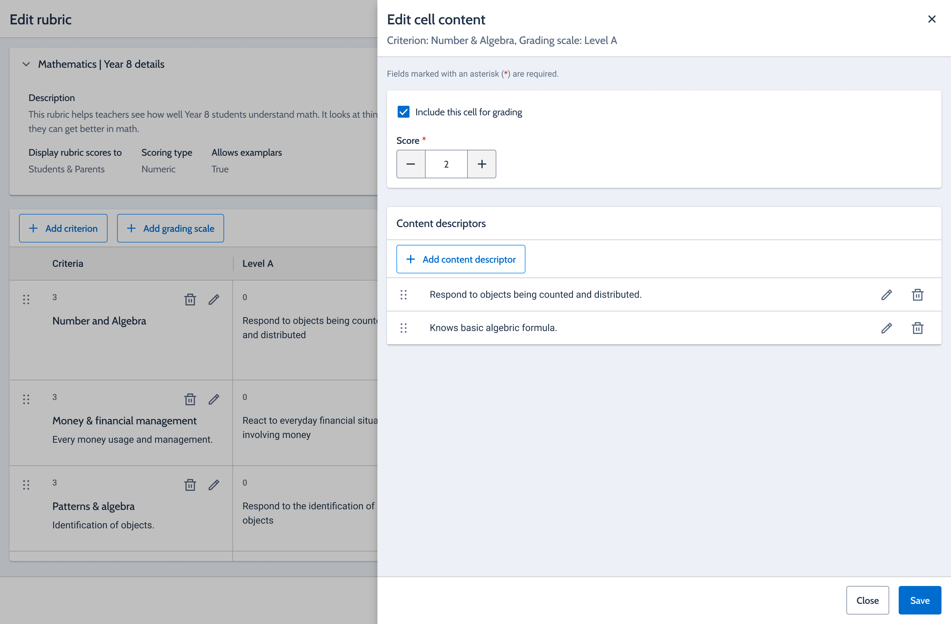 Proof of concept: edit rubric screen with an edit cell content modal for Number and Algebra, Level A.