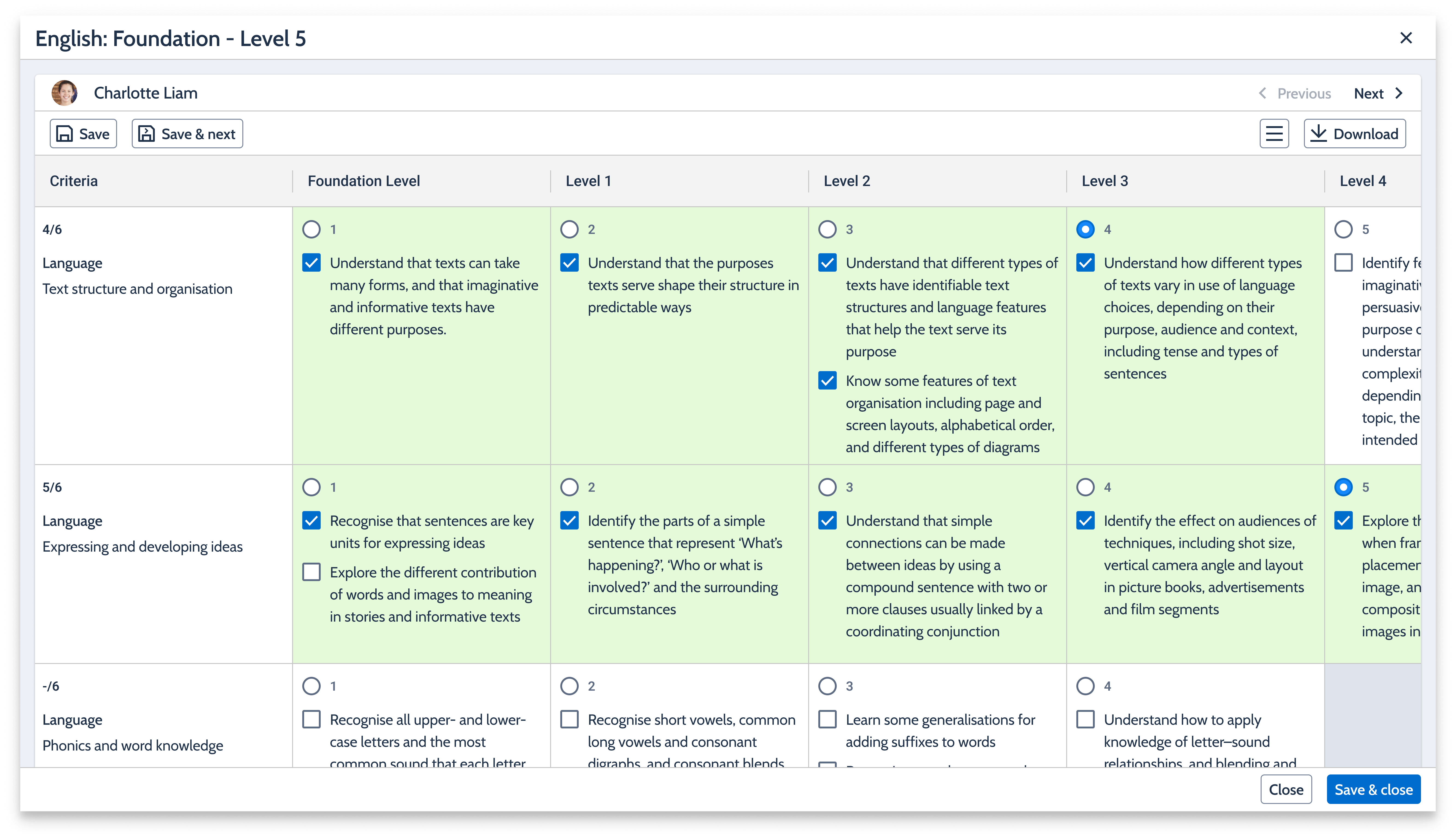 Grading screen with partial indicator checkboxes at the descriptor level.