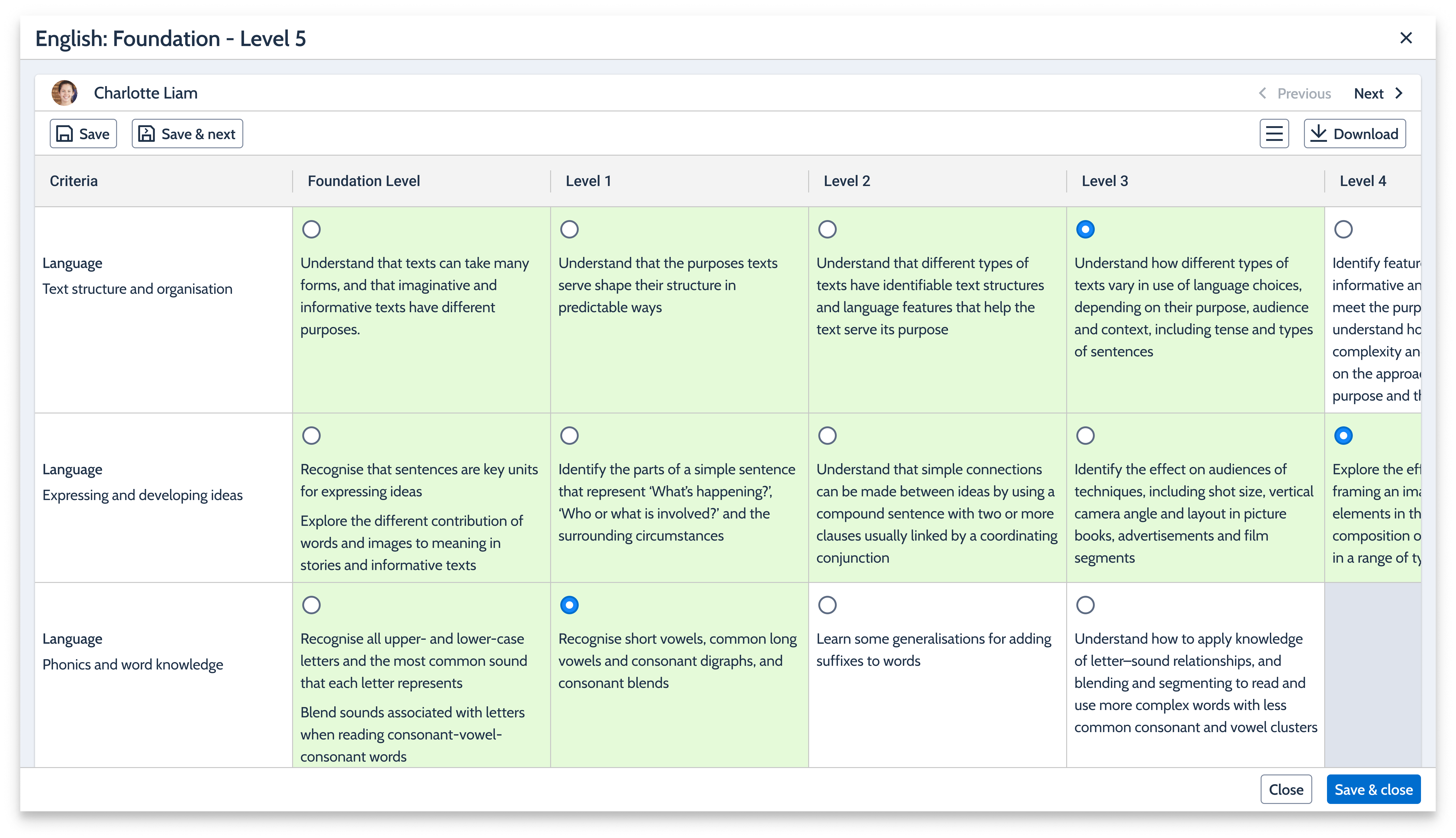 Grading screen using qualitative level selections with checkboxes across criteria.