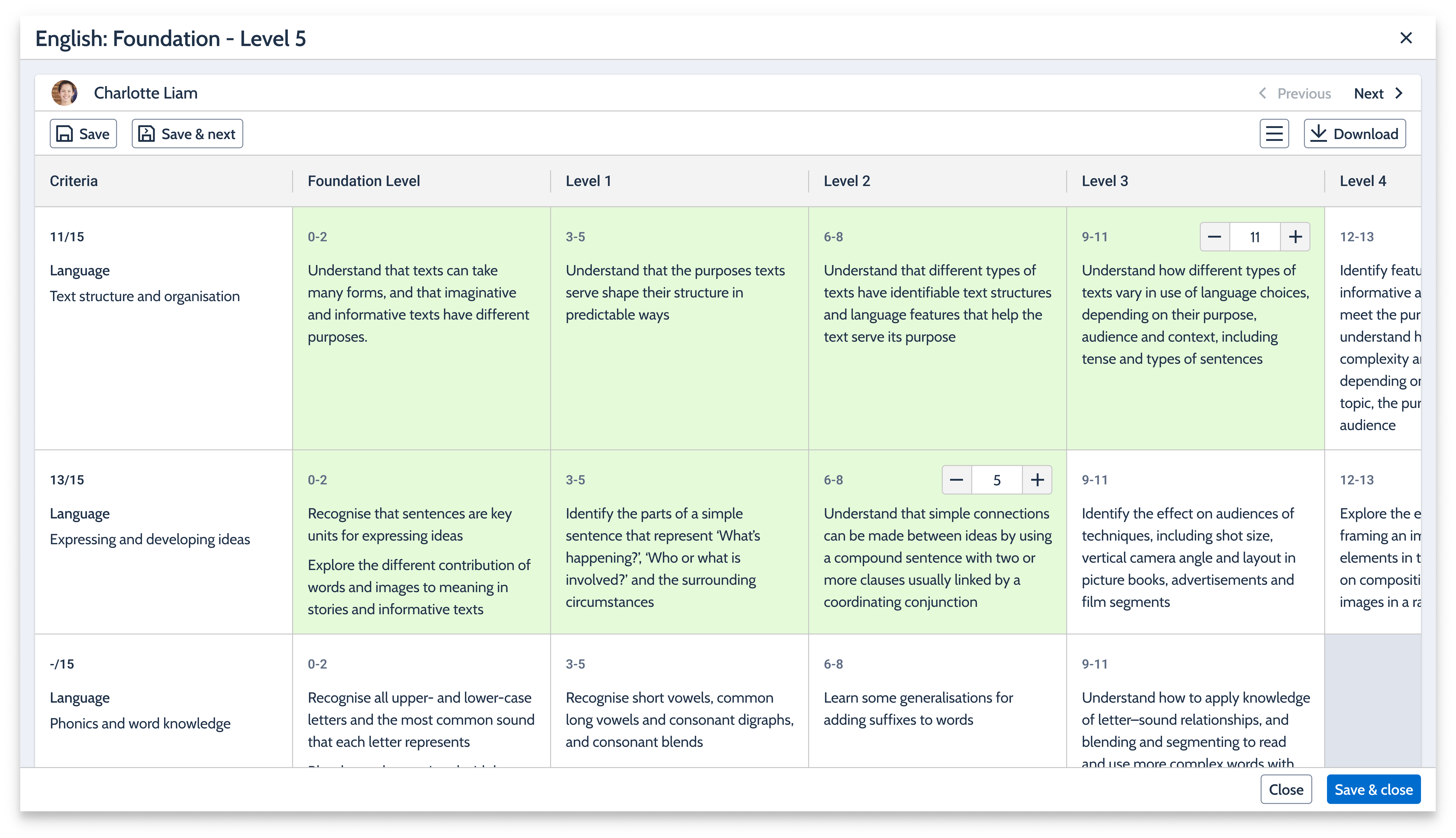 Grading screen with score range steppers within each level cell.