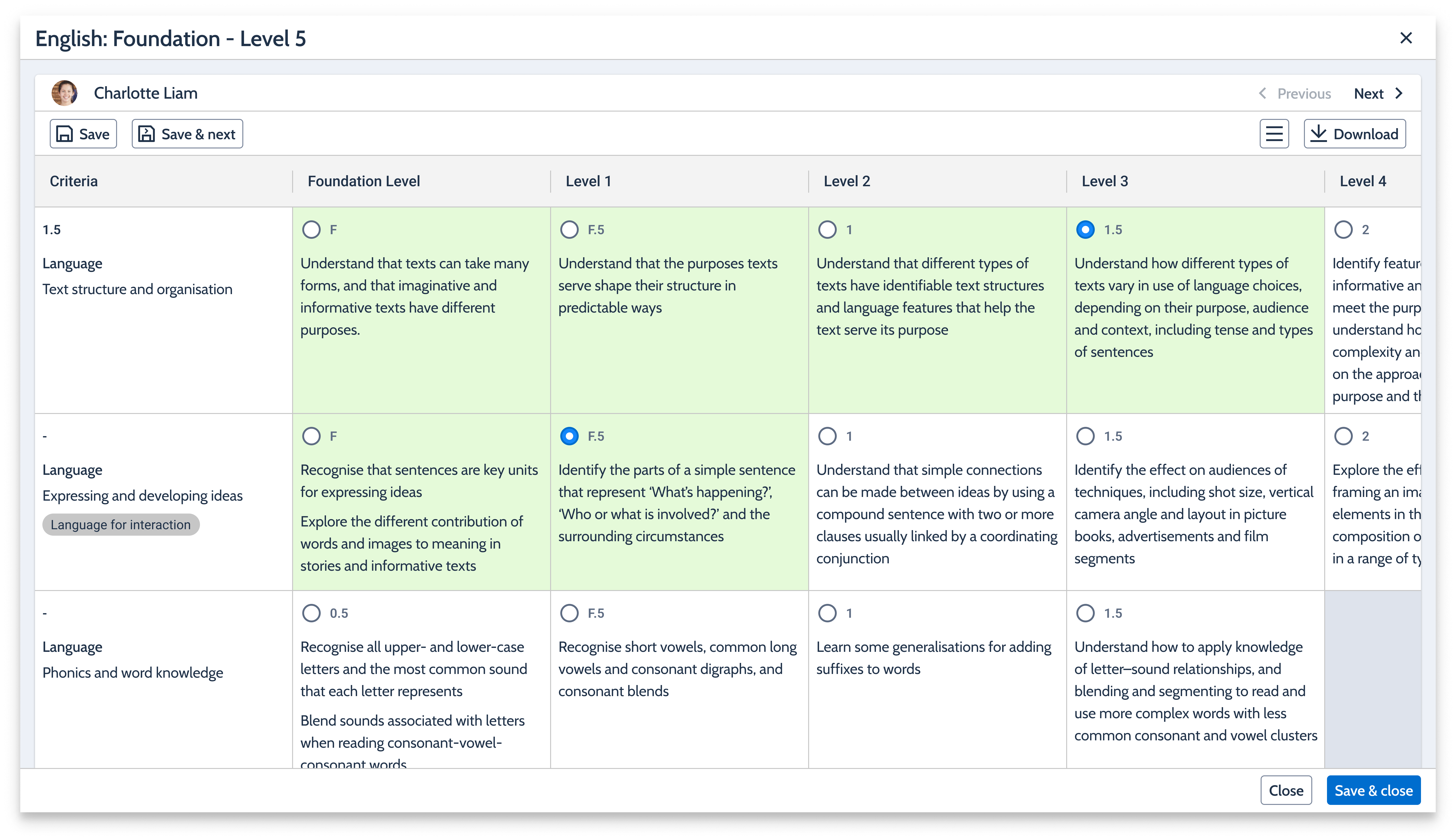 Grading screen aligned to Victorian curriculum level labels.