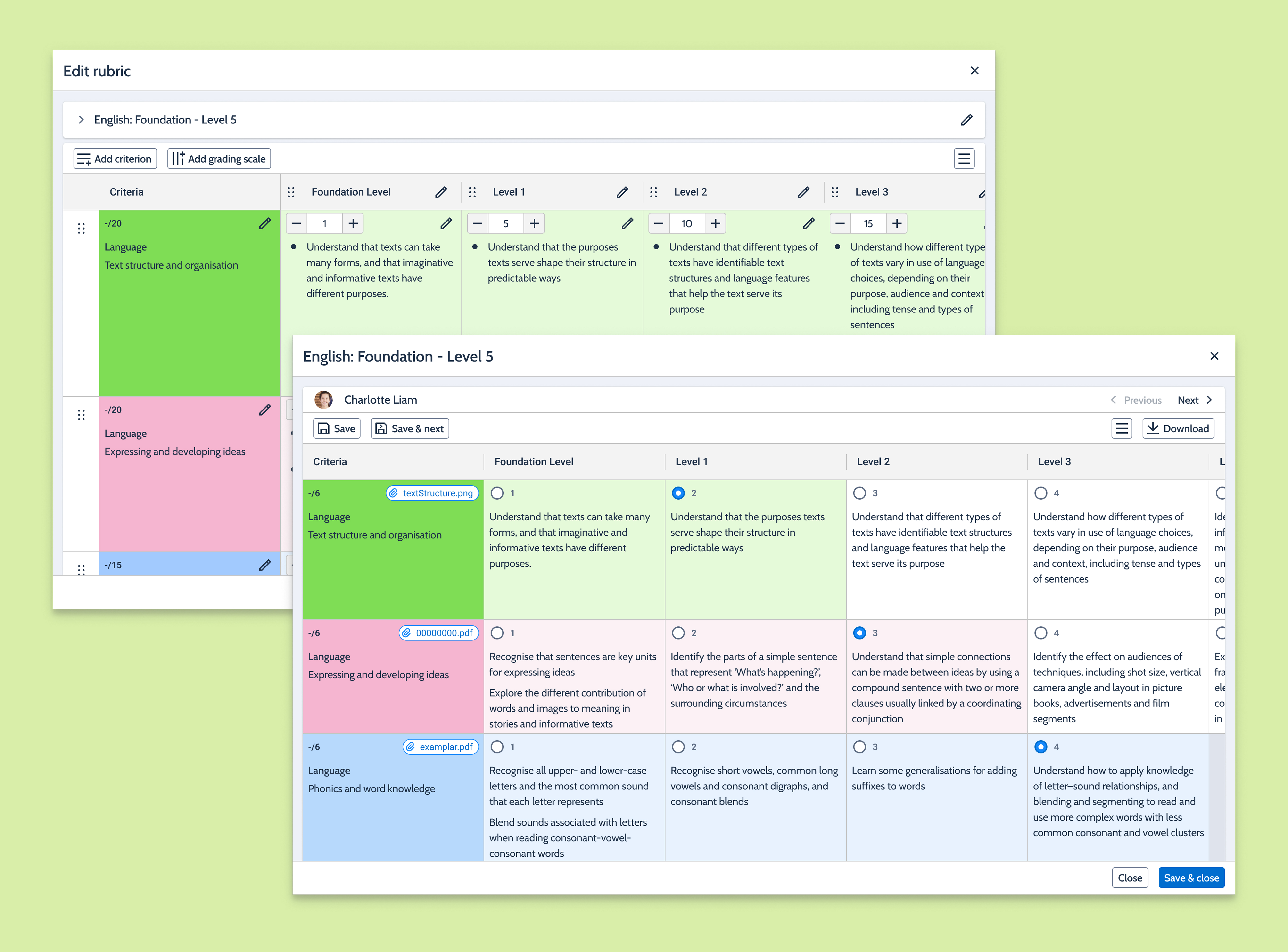 Compass Learning Tasks rubric grading interface preview.