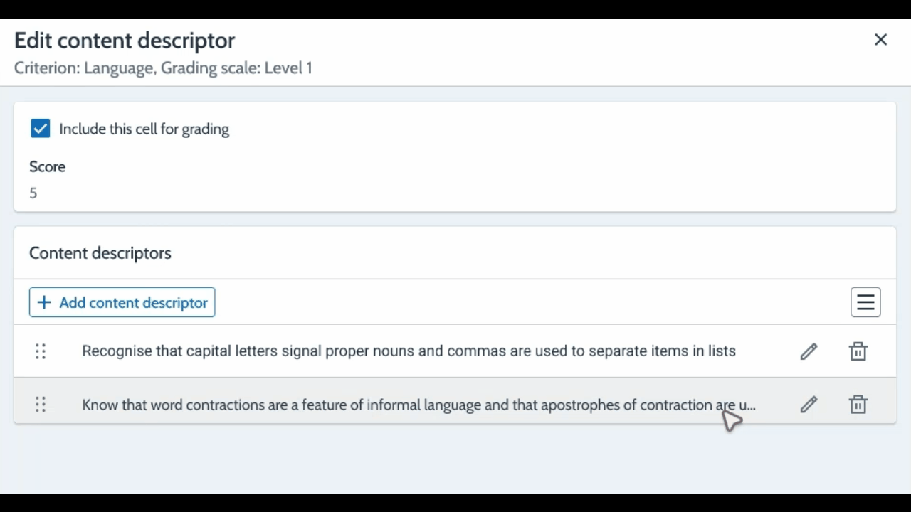 Edit content descriptor dialog with an Add content descriptor control and a reorderable descriptor list.