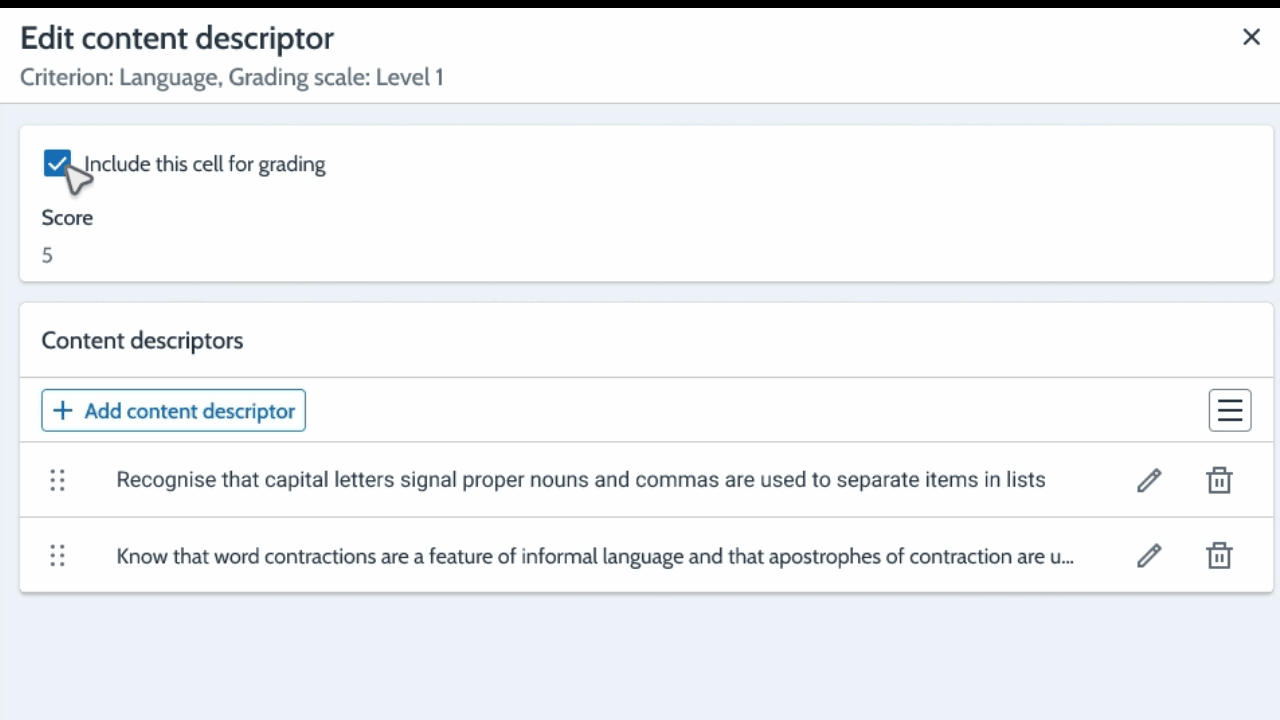 Edit content descriptor dialog with Include this cell for grading checked.