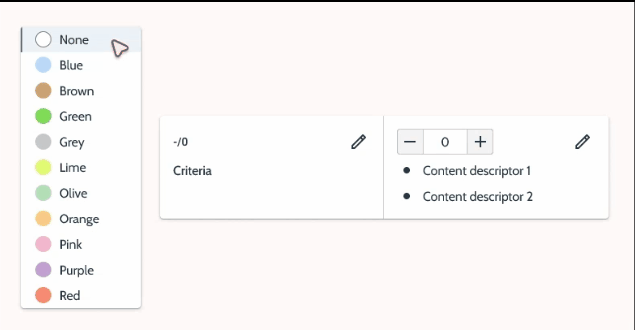 Colour picker beside a criterion card, choosing a group colour from a ten-colour palette.