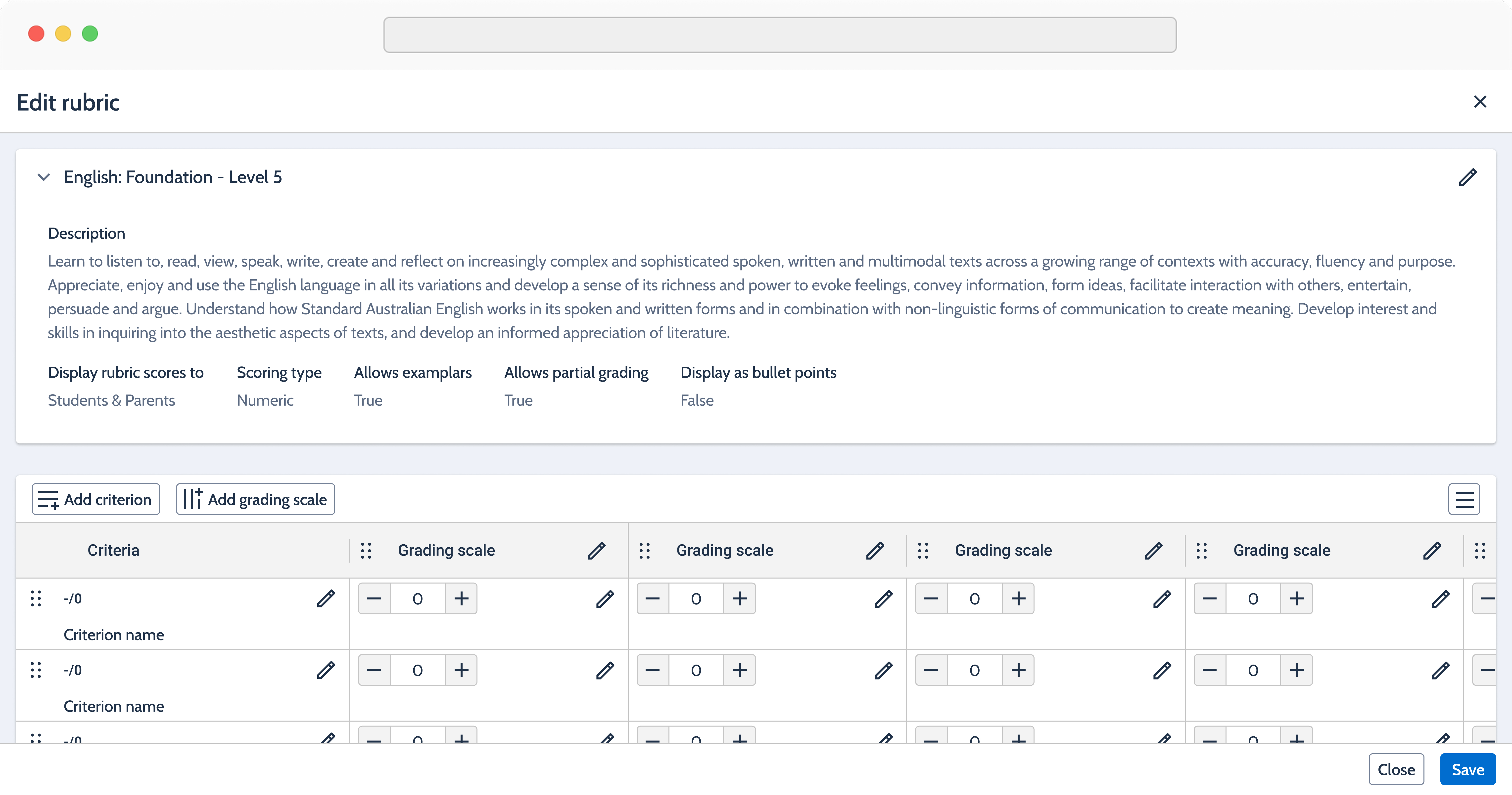 Edit rubric panel with the English Foundation Level 5 description expanded and an empty criteria grid.