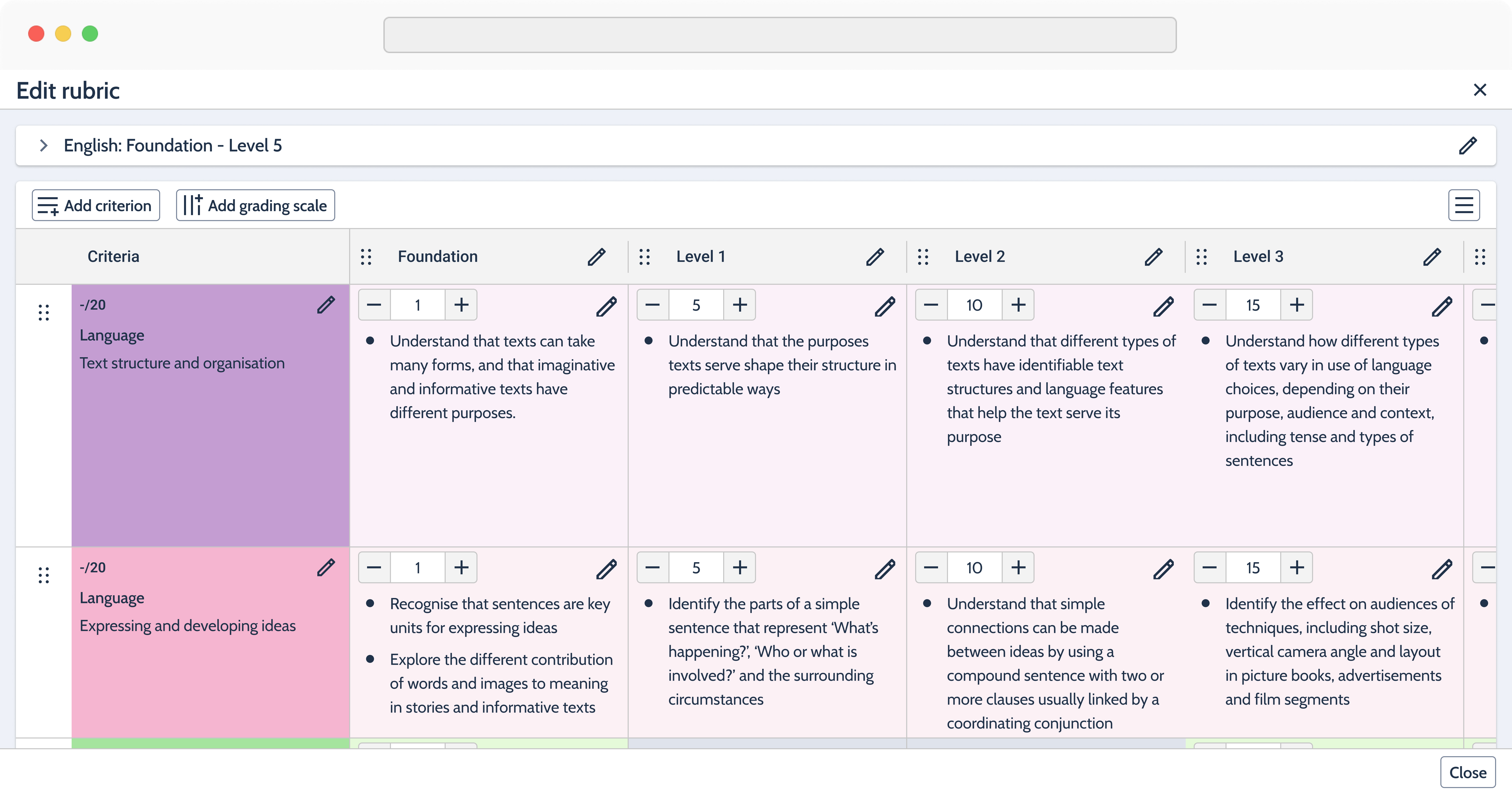 Edit rubric panel with purple and pink criterion colors applied to the Language rows.