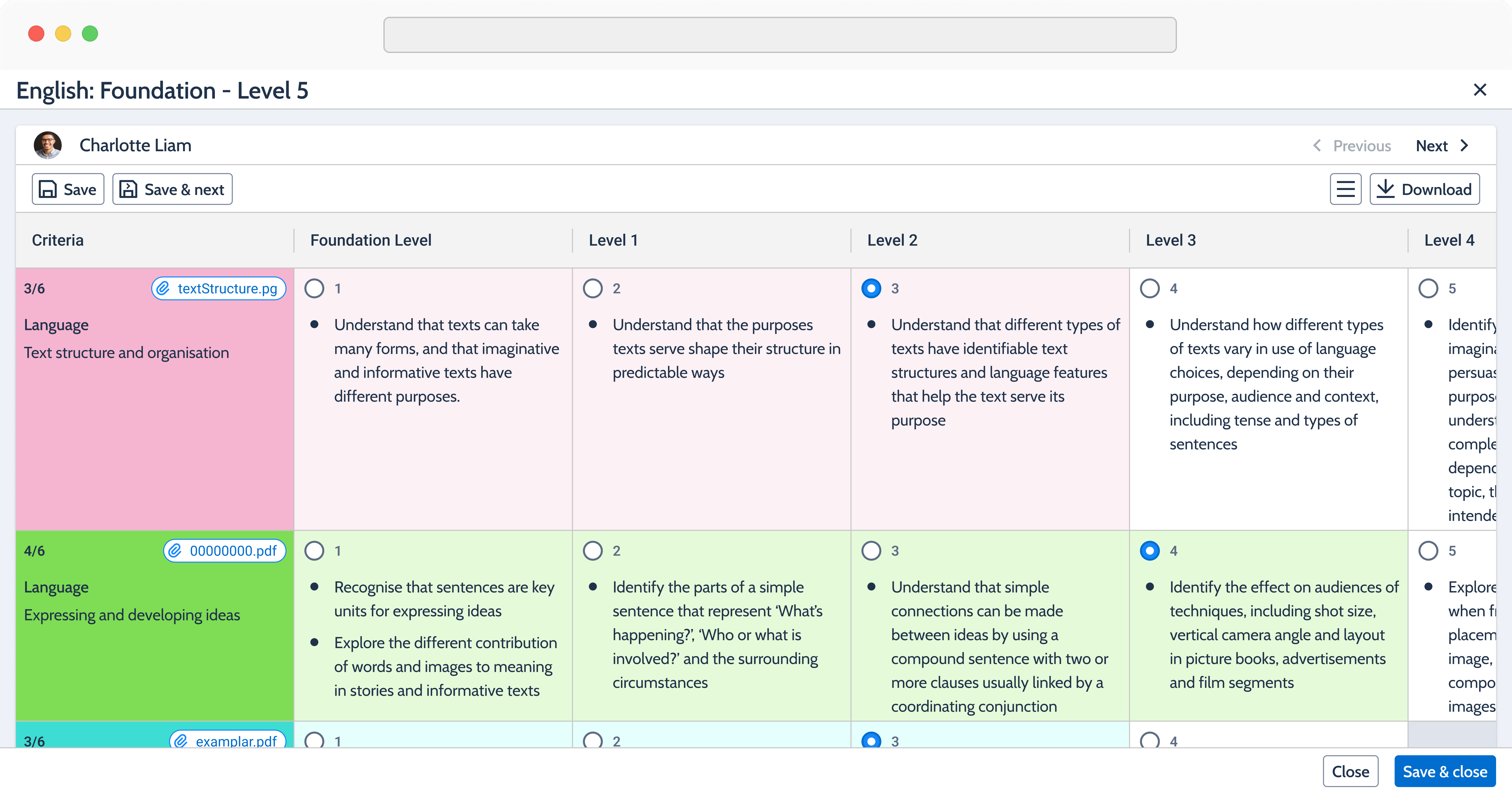 Grading view with criterion colors and selected achievement levels.