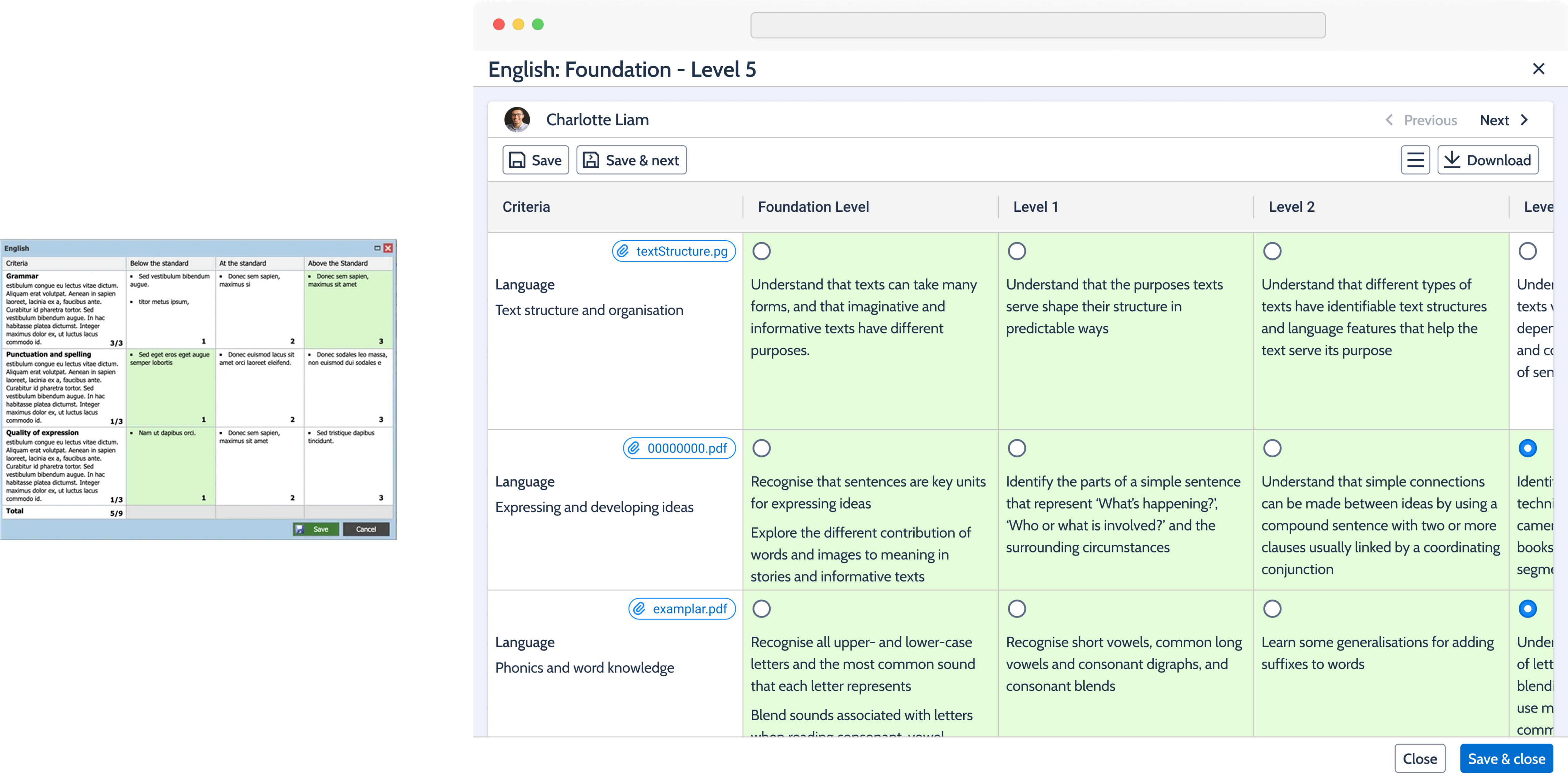 Redesigned grading view with green criterion highlighting beside the current module.