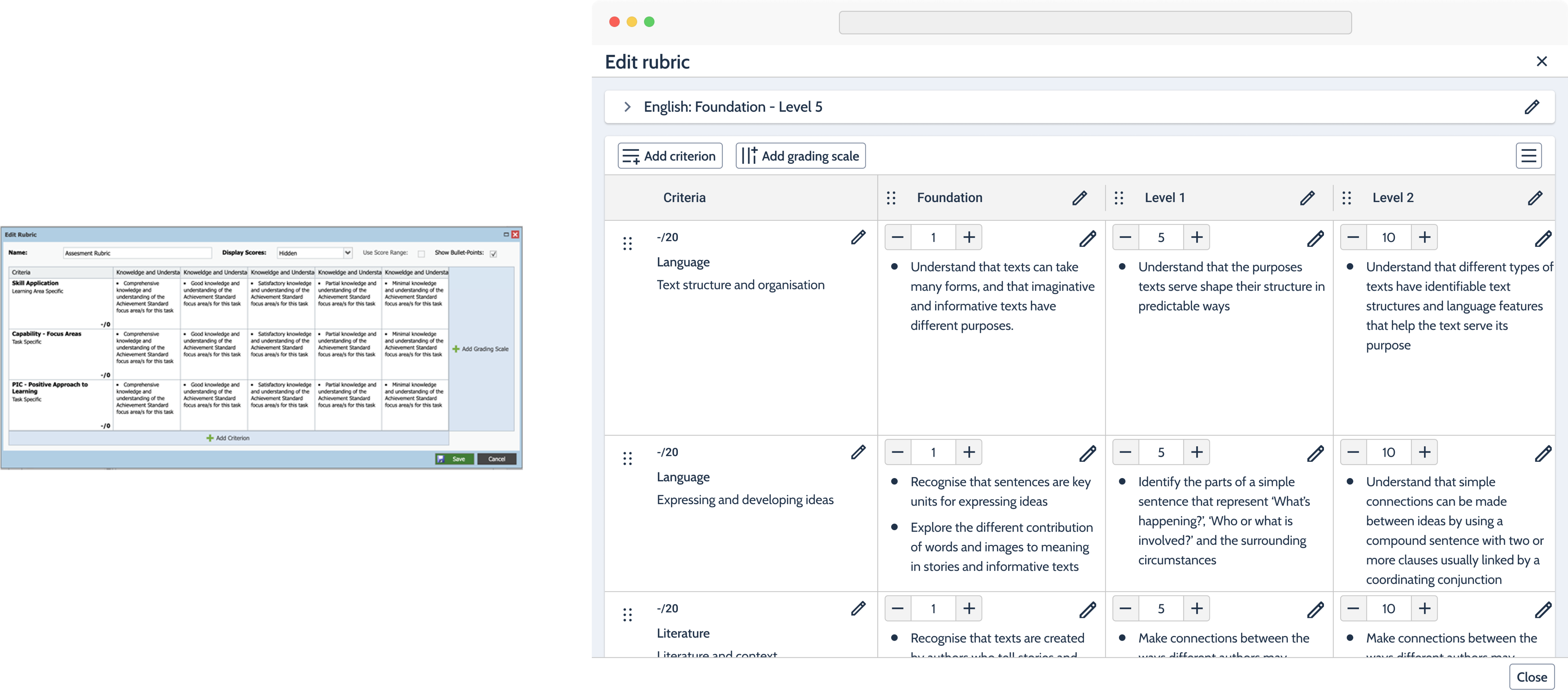 Current edit-rubric window beside the redesigned create and edit grid.