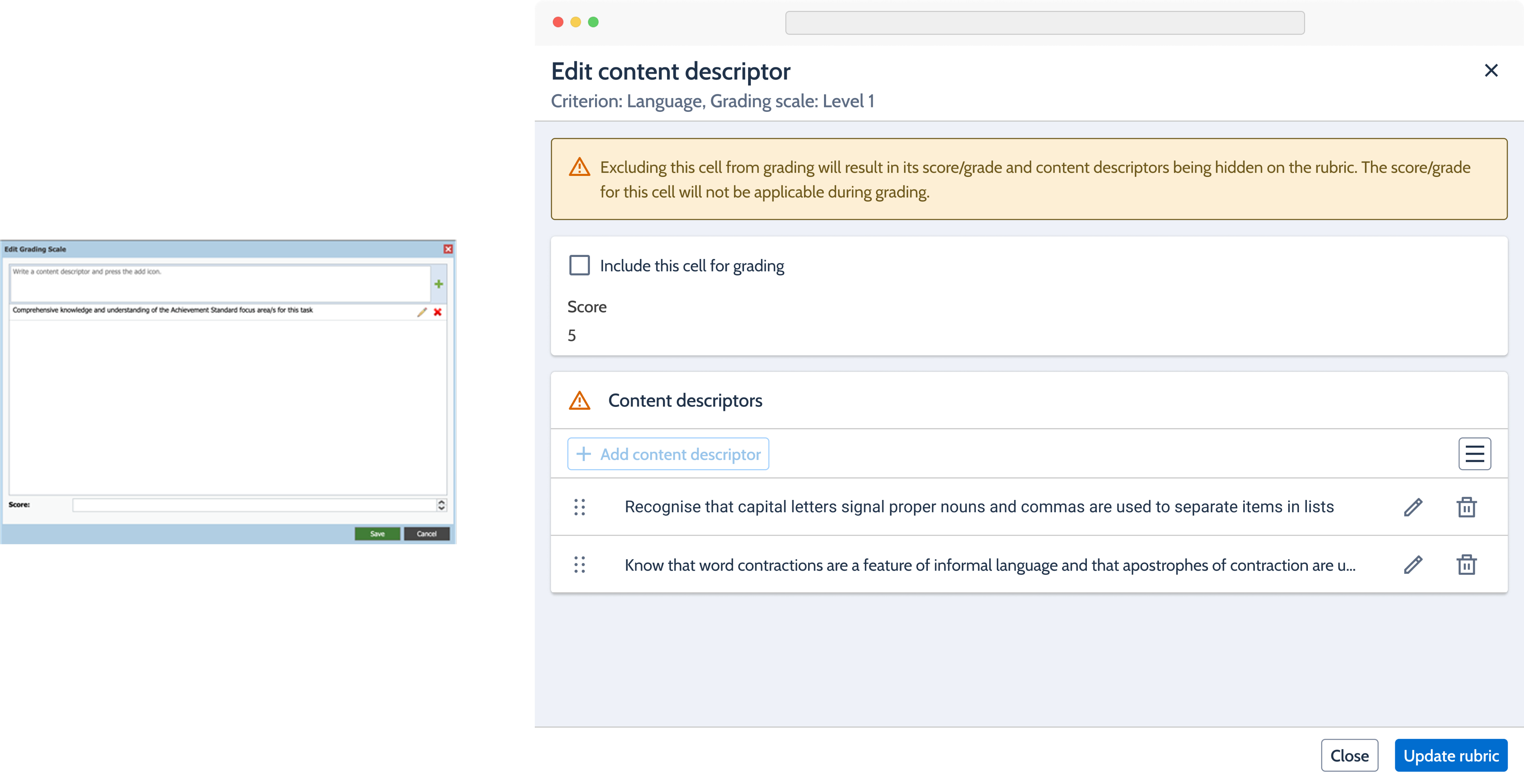 Current content-descriptor window beside the redesigned descriptor editor and grading warning.